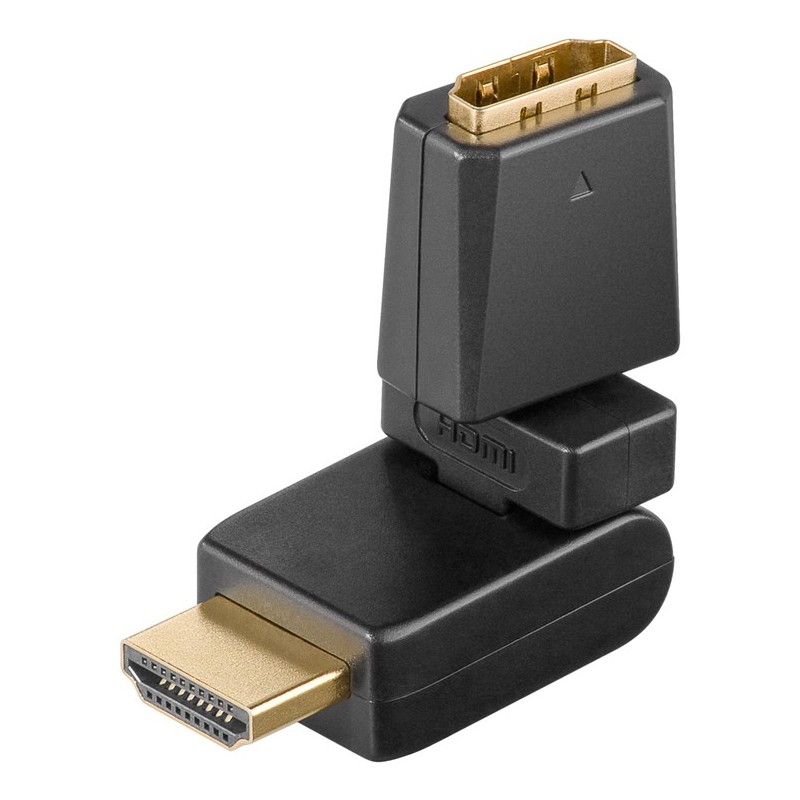 HDMI vinkelstik, turnable 360 graderHDMI Angle Plug 360, High Quality, Gold Plated. 360 degress turnable HDMI adapter. The HDMI Angle Plug makes it easier to mount HDMI cables in devices with rear-mounted HDMI sockets, such as wall-mounted flat panel displays. This HDMI angle connector is high quality, molded and gold-plated connectors.goobay
