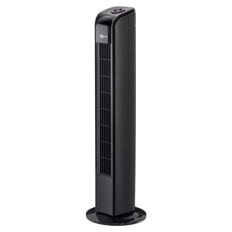 Tower fan - Fan with timer and remote control. 230 V / 50 W. Height 76.5 cm.Tower fan - Fan with timer and remote control. 230 V / 50 W. Height 76.5 cm. Smart tower fan with three power levels, remote control, and timer function. This powerful tower fan with remote control has a 50-watt electric motor and thanks to its rotating function it ensures evenly distributed ventilation in 3 different levels and different modes. Built-in timer function up to 7.5 hours. Ultra-quiet operation. goobay