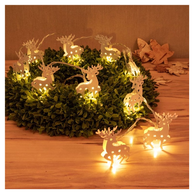 Dekorations lyskæde med hvide rensdyr. LED lyskæde Rensdyr, hvide figurer, varmt hvidt lys