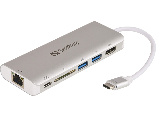 USB-C Dock 5i1 fra Sandberg. Tilslut HDMI,LAN netværk, USB og læs SD kort på f.eks. din Macbook